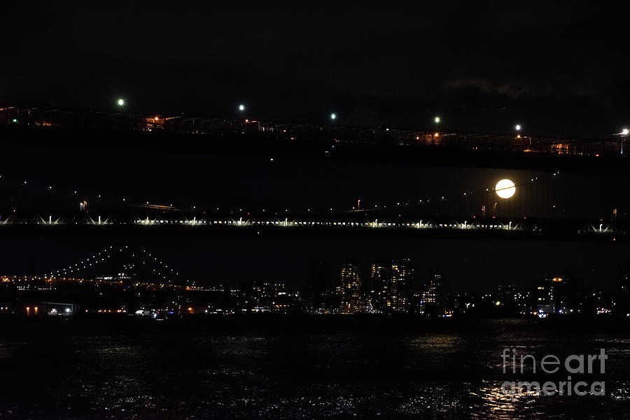 East River Three Bridges Full Moon Nocturne  Photograph by Tom Wurl