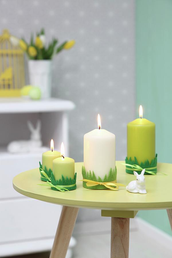 Easter Arrangement In Shades Of Green; Candles Trimmed With Felt Grass And  Rabbit Ornament On Small, Round Table Photograph by Thordis R�ggeberg -  Pixels