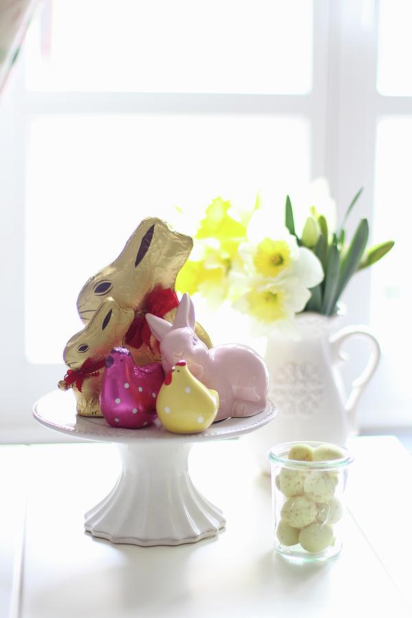 Easter Arrangement Of Bunnies, Chicks, Narcissus And Easter Eggs Photograph by Sylvia E.k Photography