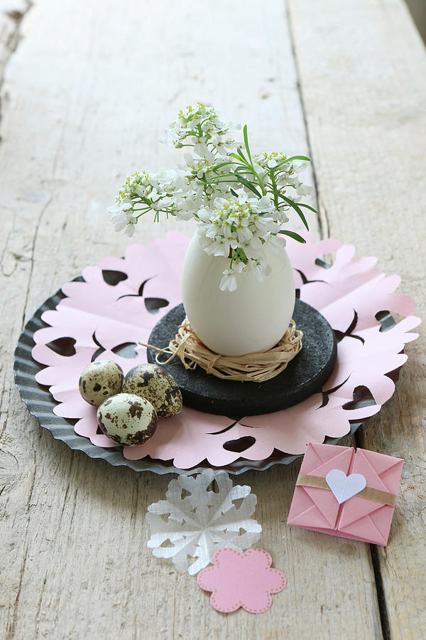 Easter Arrangement Of Duck Egg Used As Vase For Small White Flowers And Origami Envelop Photograph by Regina Hippel