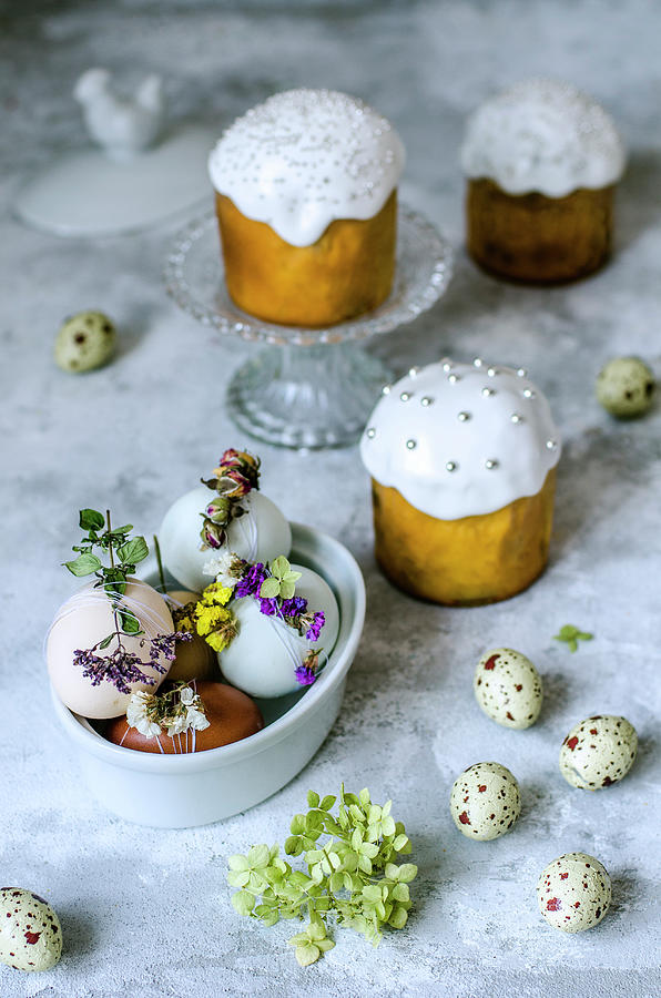 Easter Arrangement Of Easter Cake, Eggs Decorated With Dried Flowers And Candy In The Form Of Eggs Photograph by Gorobina