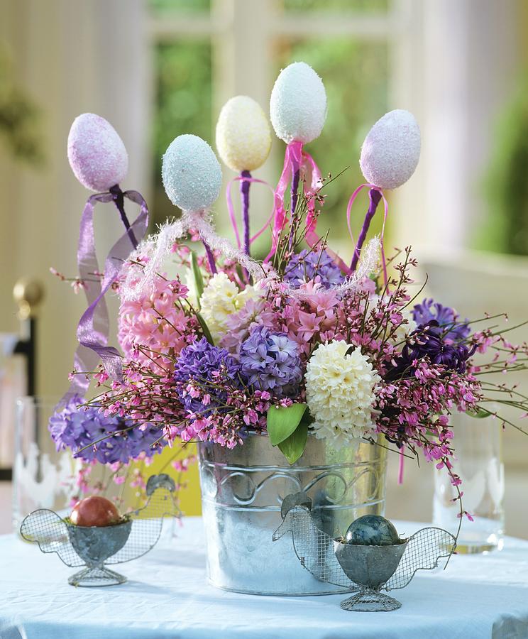 Easter Arrangement Of Hyacinths Decorated With Eggs Photograph by Friedrich Strauss