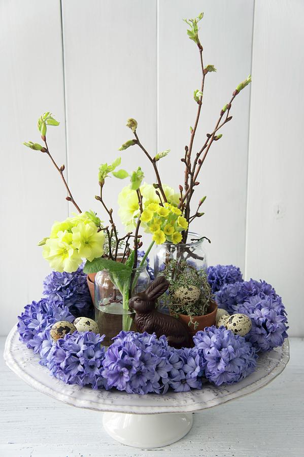 Easter Arrangement Of Hyacinths, Primulas And Twigs On Cake Stand Photograph by Martina Schindler