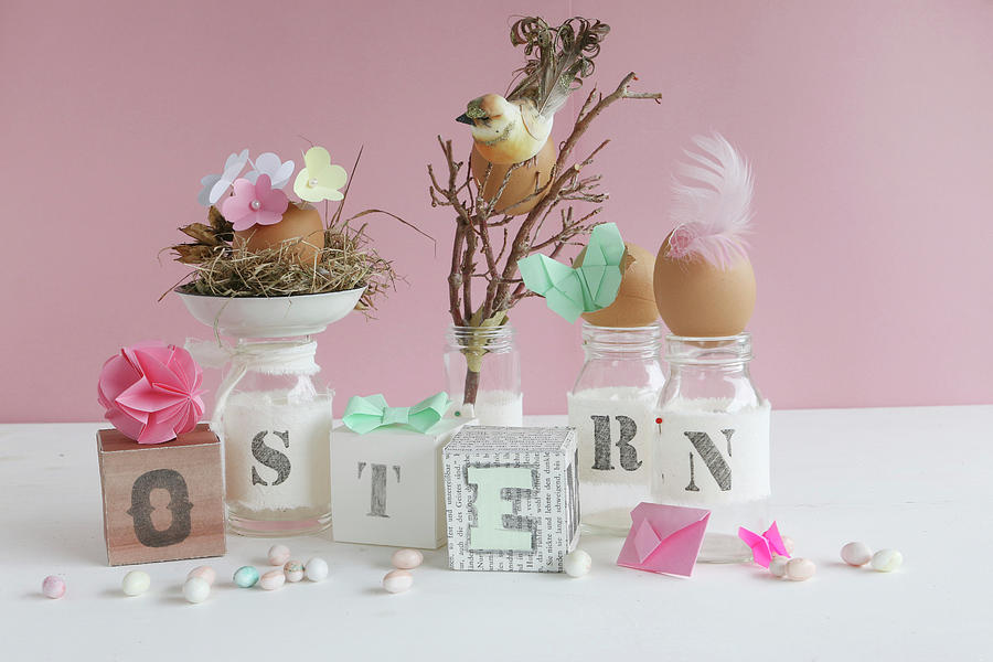 Easter Arrangement Of Lettered Cubes And Jars, Easter Nest, Bird, Feathers, Butterfly And Sugar Eggs Photograph by Regina Hippel