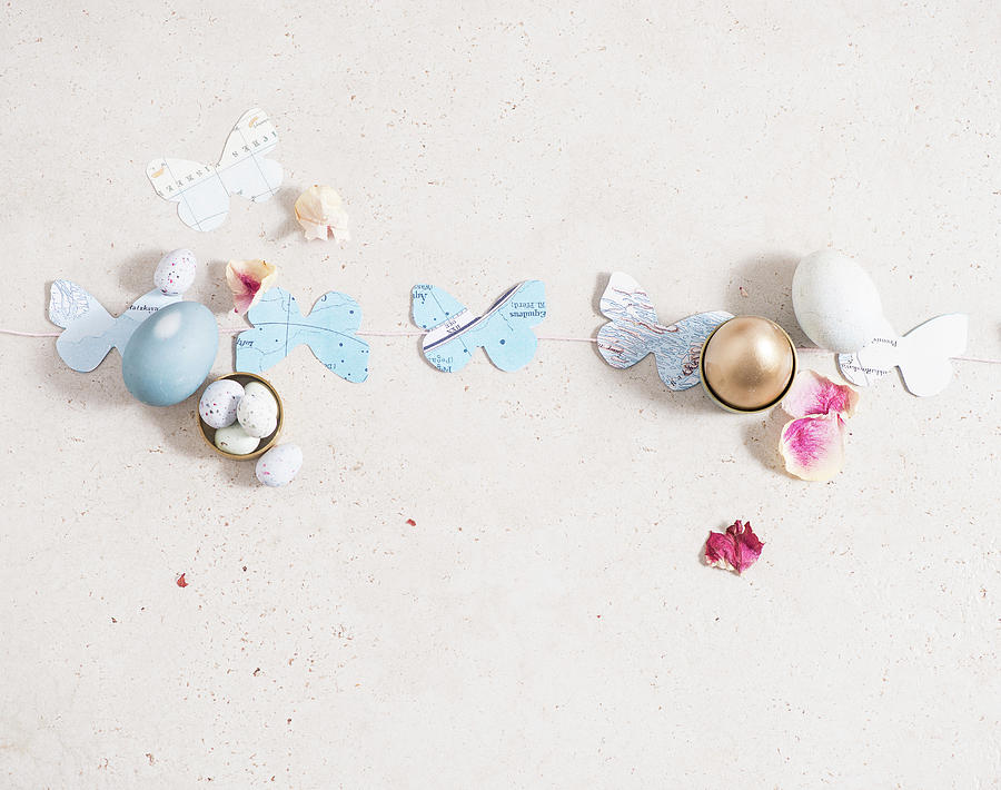 Easter Arrangement: Paper Butterfly, Sugar Eggs And Easter Eggs Photograph by Fotografie-lucie-eisenmann