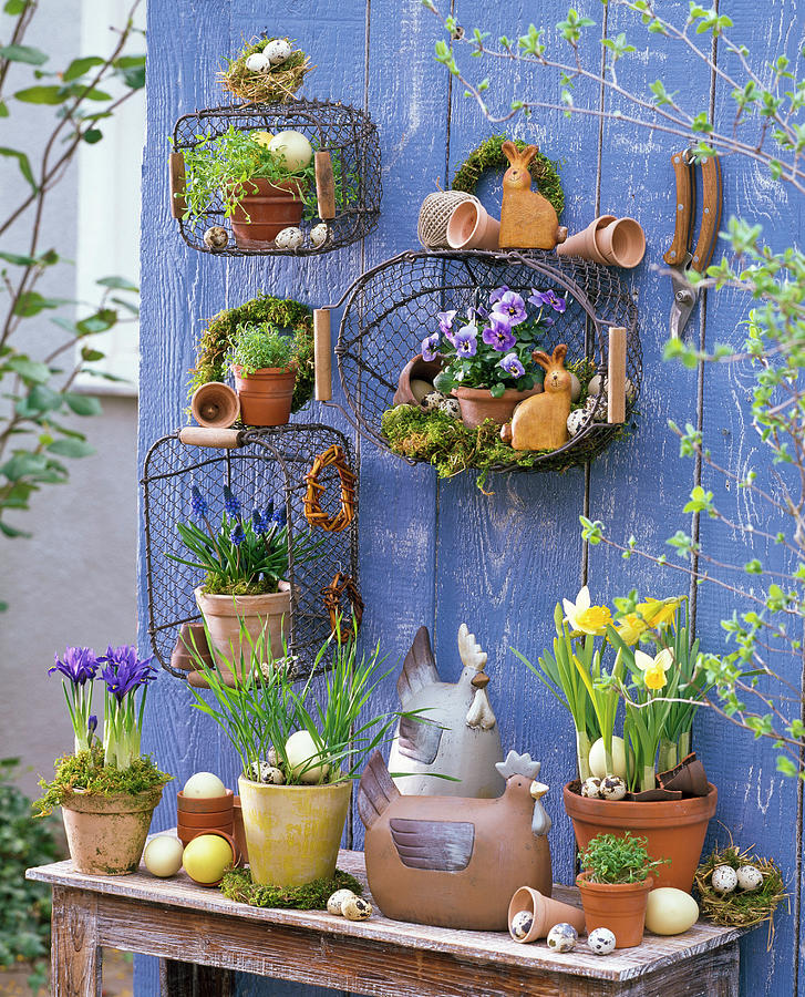 Easter Arrangement With Suspended Wire Baskets Over Side Table Photograph by Friedrich Strauss
