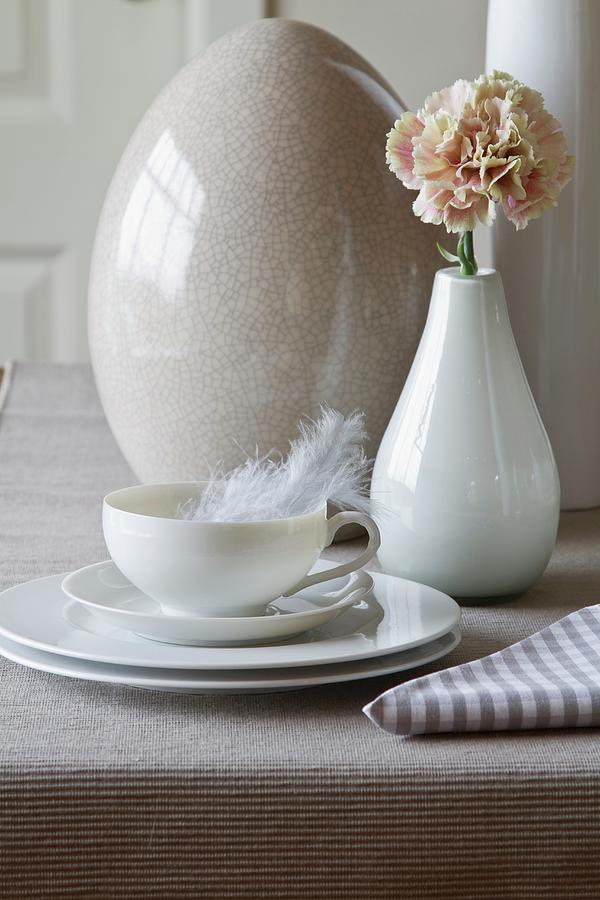 Easter Atmosphere - Breakfast Place Setting And Carnation In Vase Photograph by Catja Vedder
