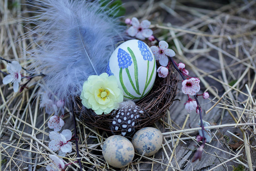Easter Basket With Hand-painted Easter Egg, Filled With Primrose Flowers And Feathers, Branches Of Cherry Plum Blossoms, And Easter Eggs Photograph by Angelica Linnhoff