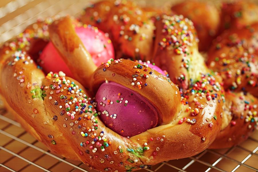Easter Bread With Sugar Sprinkles And Dyed Eggs usa Photograph by Brian Yarvin