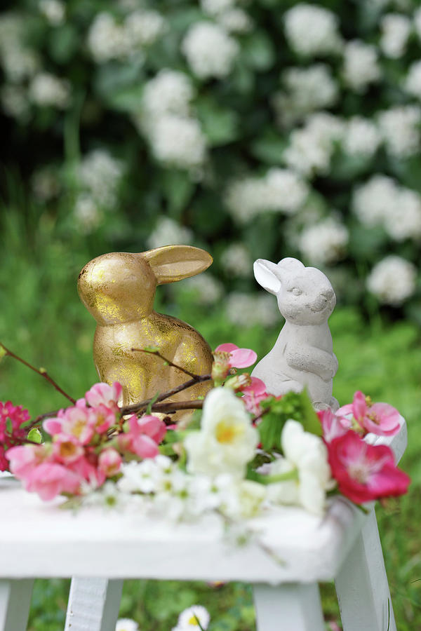 Easter Bunnies, Peach Blossom, Quince Blossom And Narcissus Photograph by Angelica Linnhoff