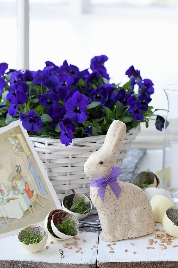 Easter Bunny Amongst Egg Halves, Newspaper And Cress Photograph by Martina Schindler