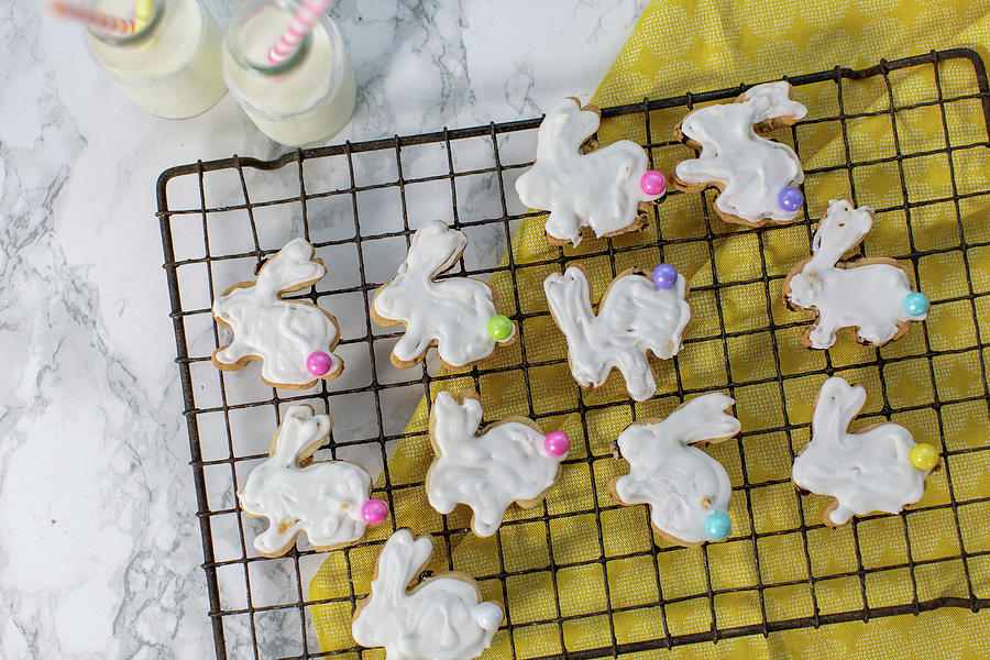 Easter Bunny Biscuits On A Cooling Rack Photograph by Lara Jane Thorpe