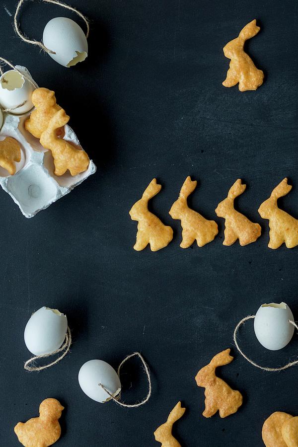 Easter Bunny Cheese Crackers And Blown Out Eggs Photograph by Julia Cawley