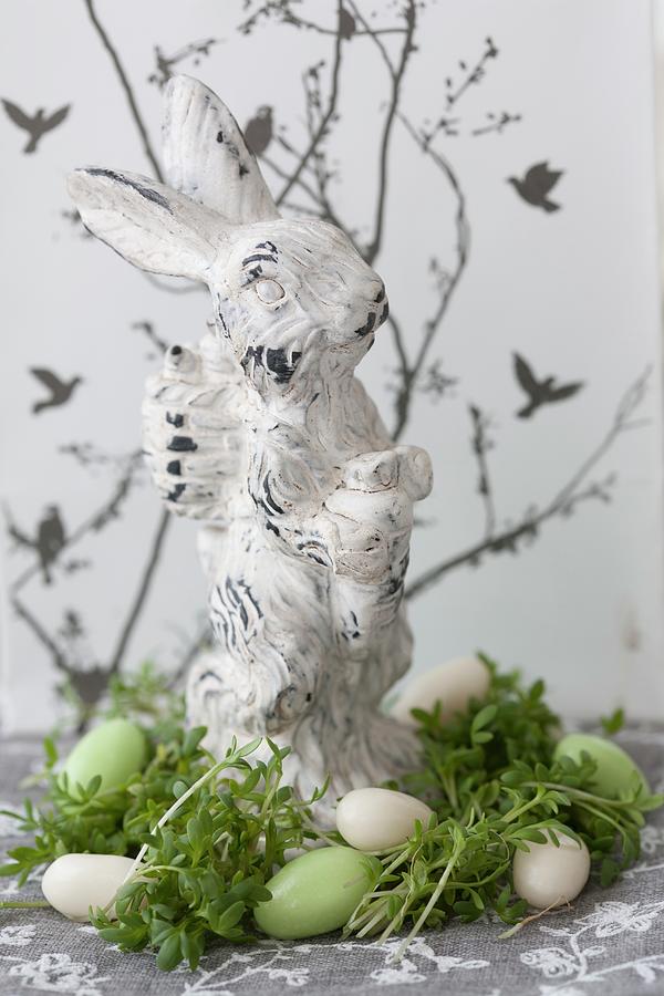Easter Bunny In Nest Of Cress And Sugar Eggs Photograph by Martina Schindler