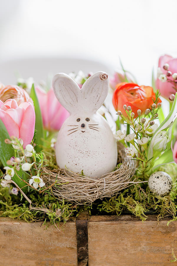 Easter Bunny In Next In Trough Of Spring Flowers Photograph by Christel Harnisch