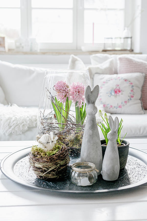 Easter Bunny, Nest And Spring Flowers In Living Room Photograph by Christel Harnisch