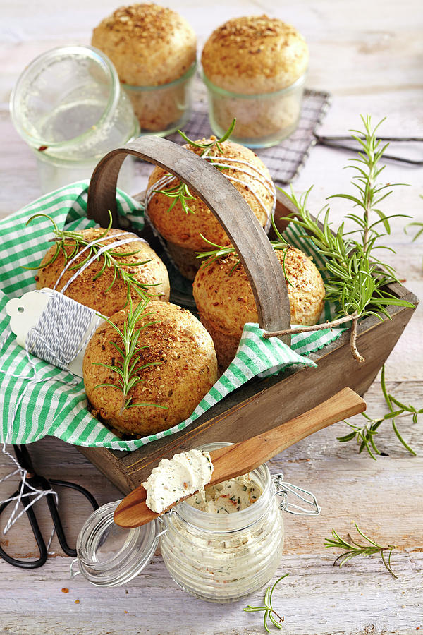 Easter Buns Made From Spelt Yeast Dough With Rosemary Served With A Cream Cheese, Tomato And Herb Dip Photograph by Teubner Foodfoto