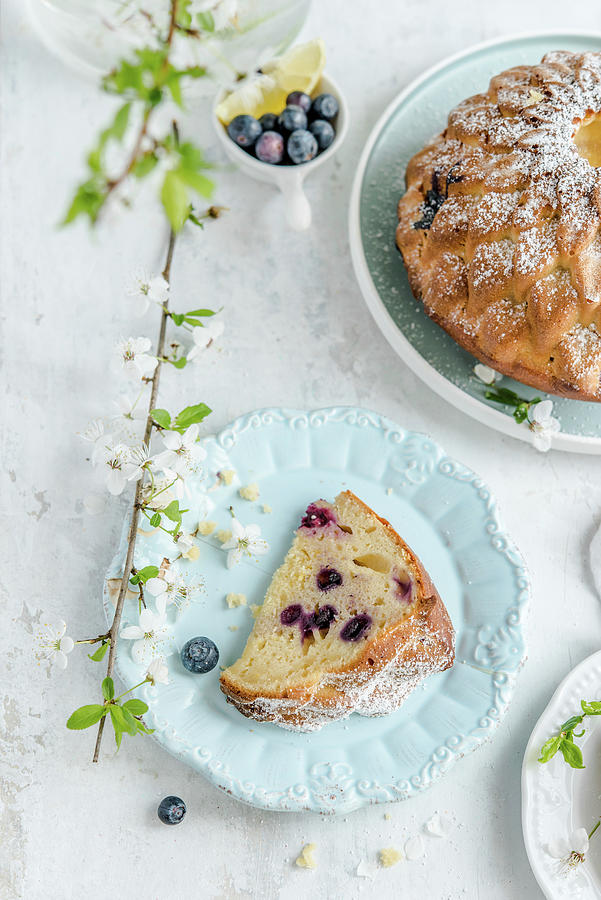 Easter Cake With Blueberries And Lemon, Sprinkled With Powdered Sugar Photograph by Diana Kowalczyk
