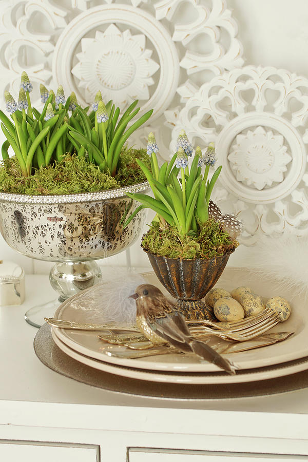 Easter Decorations With Grape Hyacinths, Easter Eggs, Birds, And Silver Cutlery Photograph by Angelica Linnhoff