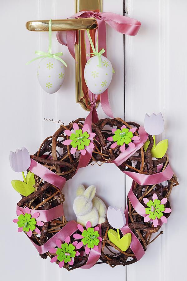 Easter Door Wreath Made From Willow Branches Decorated With Satin Ribbons, Felt Flowers & Wooden Flowers Photograph by Franziska Taube