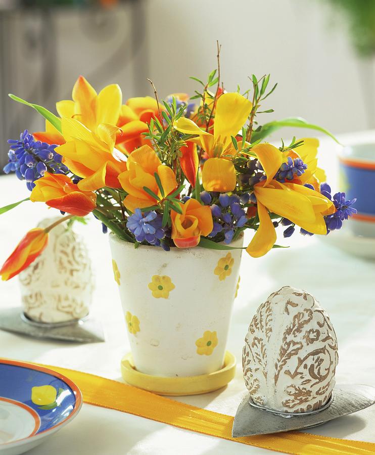 Easter Eggs And Arrangement Of Tulips And Grape Hyacinths Photograph by Friedrich Strauss