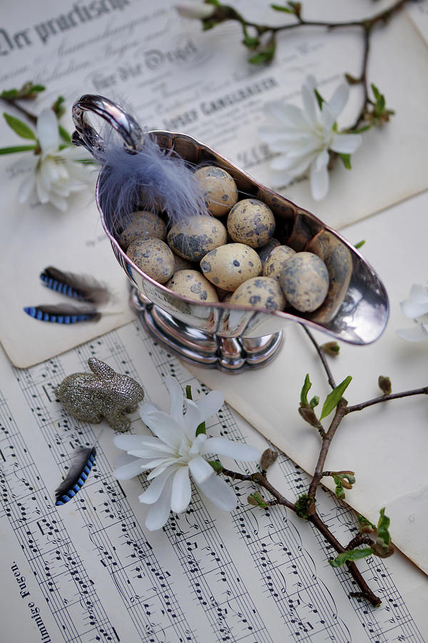 Easter Eggs And Feathers In Silver Sauce Boat, Magnolia Branches, Easter Bunny And Jay Feathers Photograph by Angelica Linnhoff