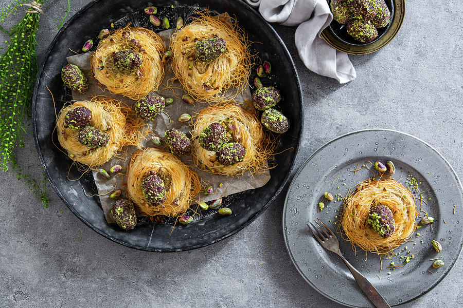 Easter Eggs Coated In Dates, Cocoa And Pistachios In Angel Hair Pasta Nests Photograph by Food With A View