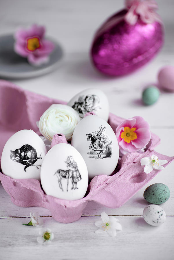 Easter Eggs Decorated With Monochrome Stickers In Pink Egg Box Photograph by Carolin Strothe