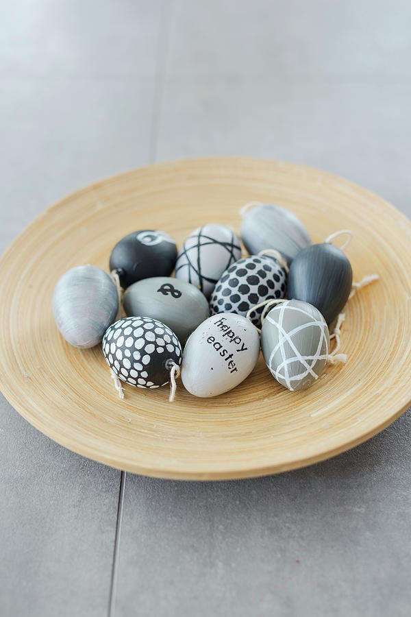 Easter Eggs Hand-painted In Shades Of Grey On Wooden Plate Photograph by Jan Wischnewski