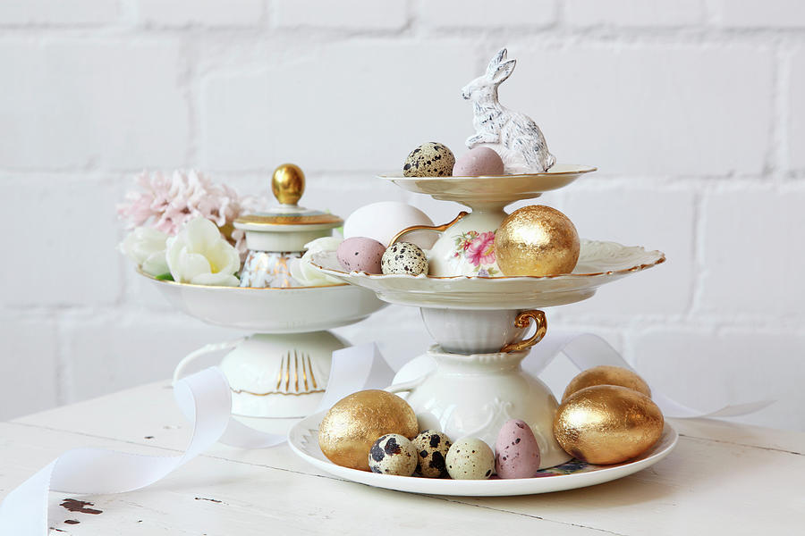Easter Eggs On Cake Stand Made From Vintage-style Crockery Photograph by Thordis Rggeberg