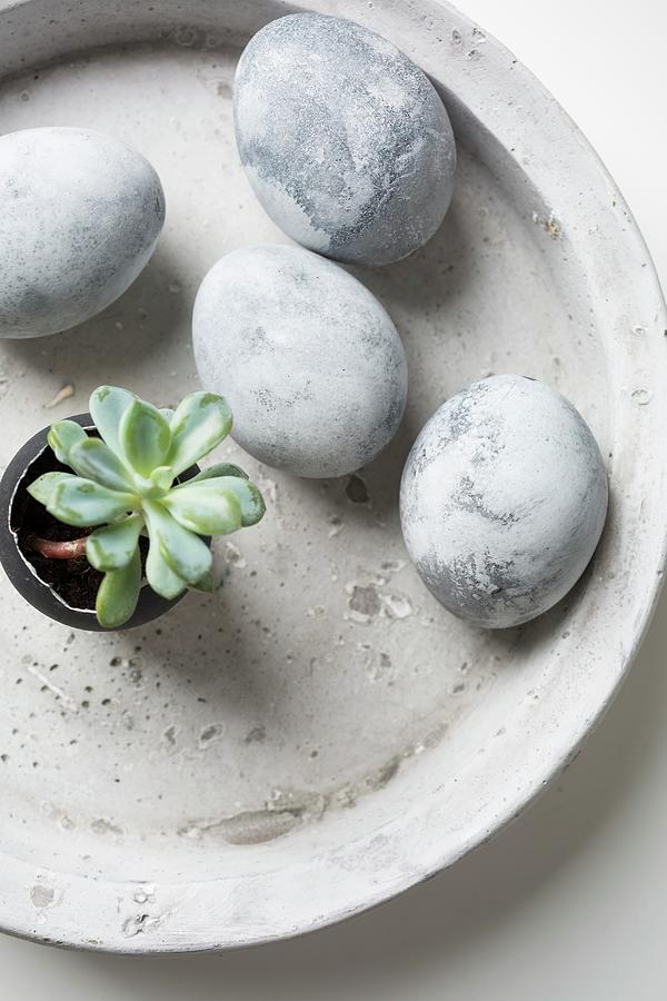 Easter Eggs Painted With Stone Effects In Concrete Bowl Photograph by Pia Simon