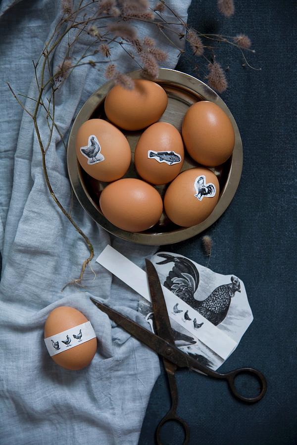 Easter Eggs With Animal Motif Stickers In A Bowl Photograph by Alicja Koll
