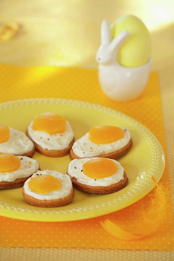 Easter Fried Eggs - Butter Biscuits Topped With Cream And Apricot Halves Photograph by Studio Lipov