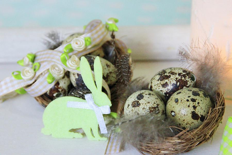 Easter Nests With Speckled Eggs Decorated With Felt Bunny Photograph by Ruth Laing