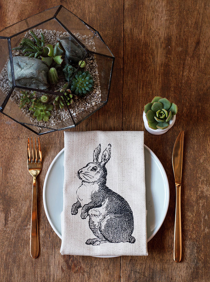 Easter Place Setting With Linen Napkin And Arrangement Of Succulents On Wooden Table Photograph by Great Stock!