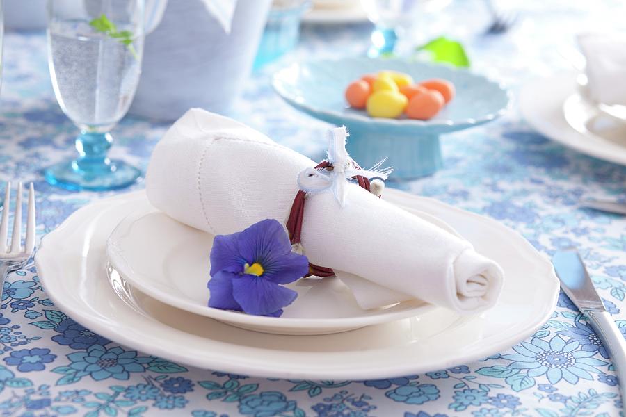 Easter Place Setting With Willow-twig Napkin Ring And Blue Pansy Photograph by Studio Lipov