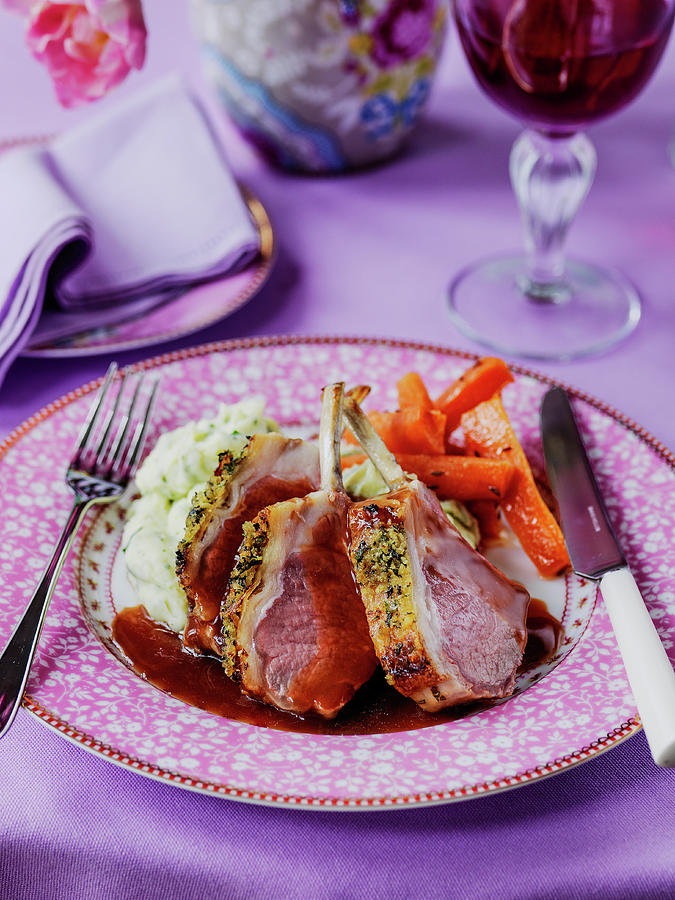 Easter Rack Of Lamb With Pistachio Herb Crust Glazed Carrots And Mashed Potato With Red Wine Gravy Photograph by Michael Paul