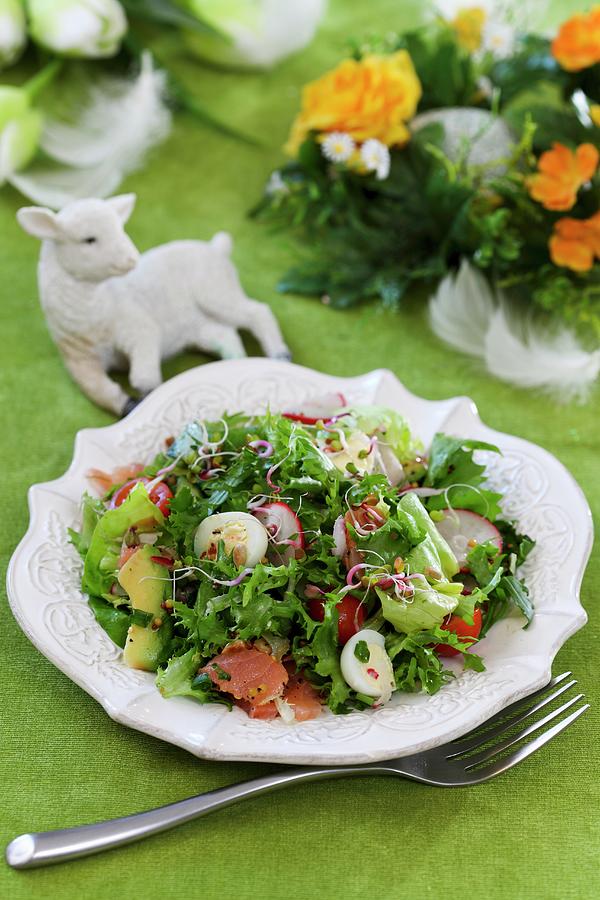 Easter Salad With Salmon, Avocado And Quails Eggs Photograph by Boguslaw Bialy