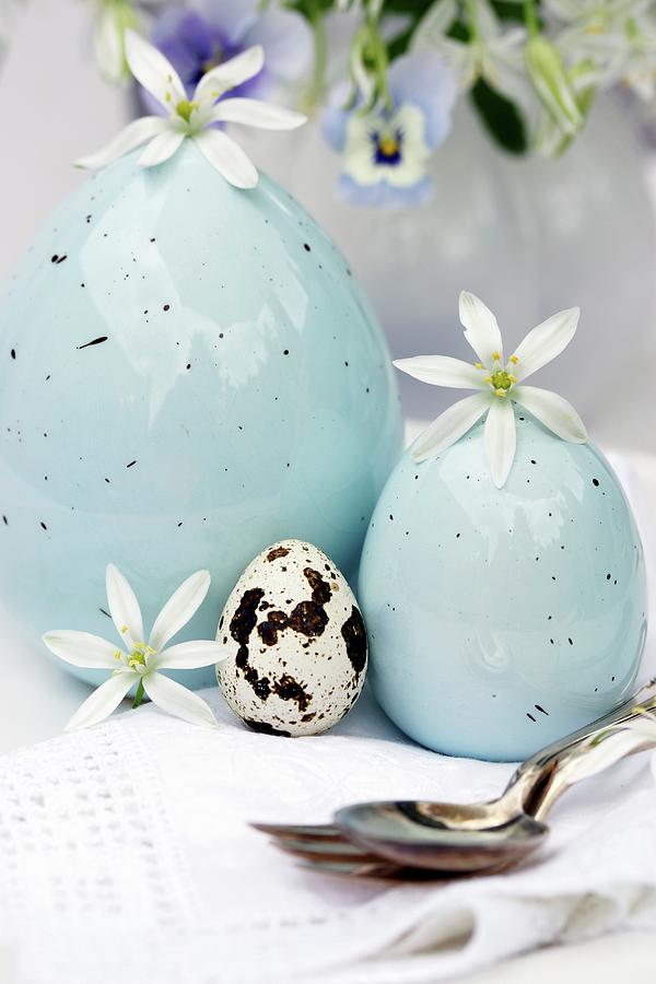 Easter Table Decoration With China Eggs, Quails Egg & Star-of-bethlehem Flowers Photograph by Angelica Linnhoff
