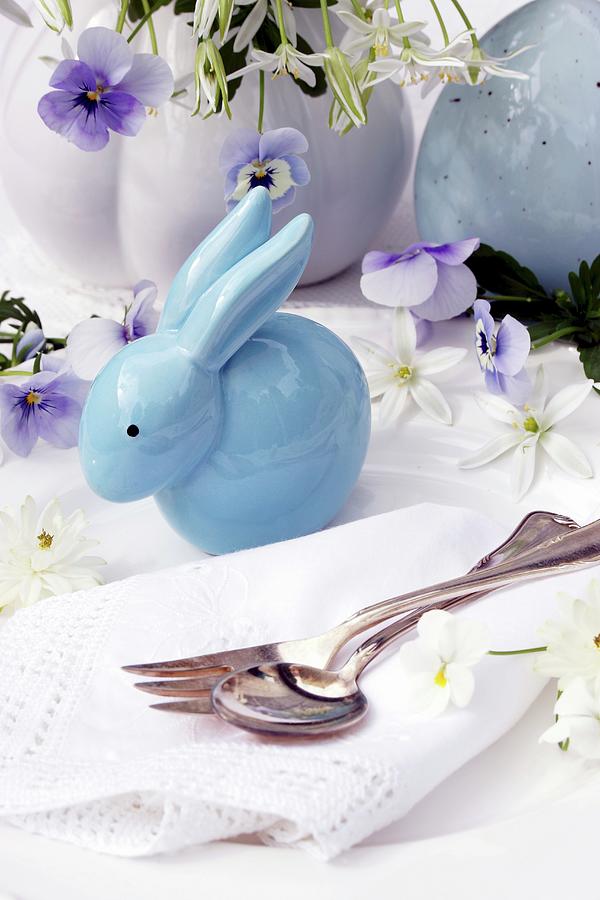 Easter Table Decoration With China Rabbit, Flowers & China Egg Photograph by Angelica Linnhoff