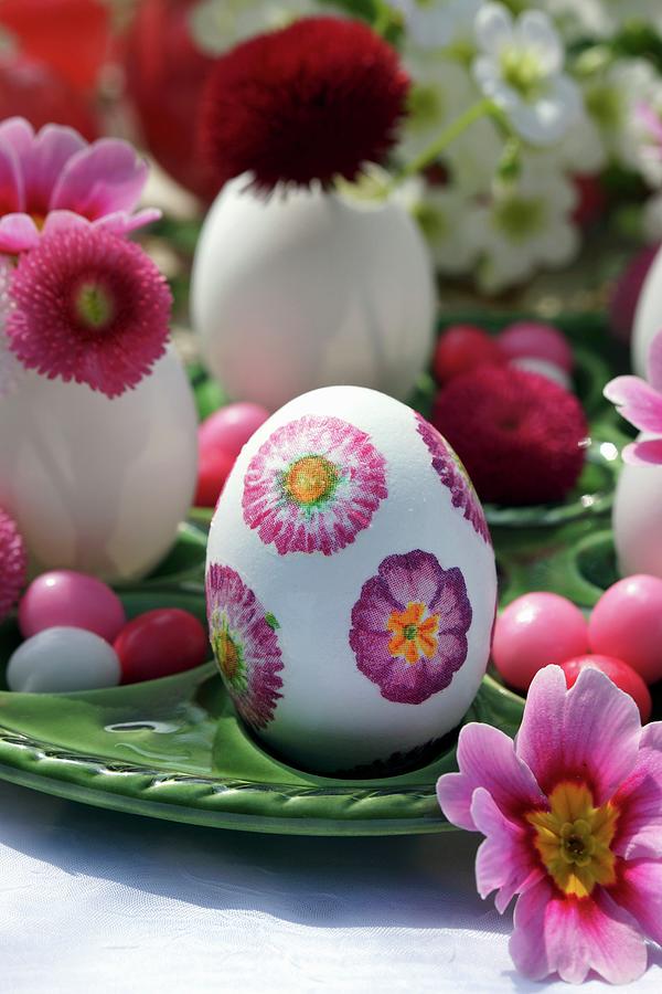 Easter Table Decoration With Fresh Flowers And Egg Decorated Using Napkin Decoupage Photograph by Angelica Linnhoff