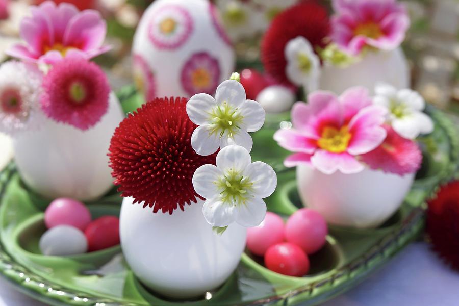 Easter Table Decoration With Pink, Red And White Spring Flowers Photograph by Angelica Linnhoff