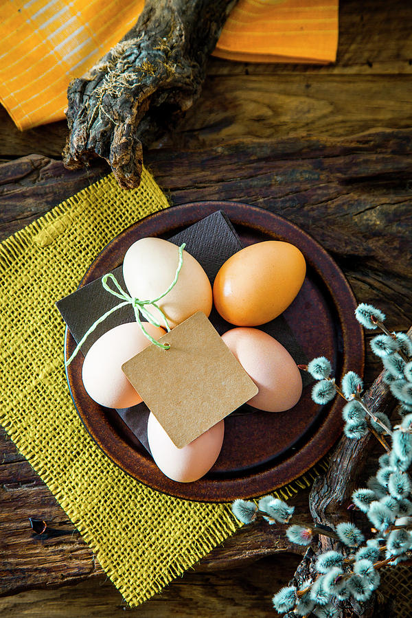 Easter Table Setting. Fresh Eggs On Plate Photograph by Mythja
