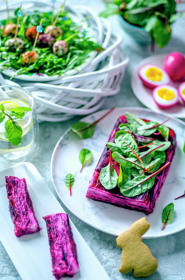 Easter Terrine With Beetroot And Goat Cheese, Chicken Eggs, Painted Beet Juice, Quail Eggs Photograph by Gorobina