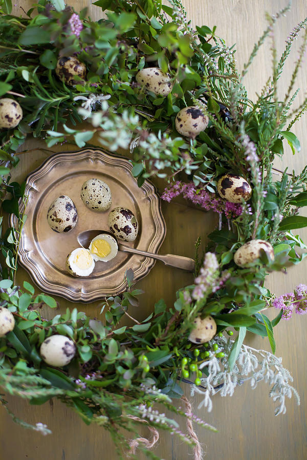 Easter Wreath And Quail Eggs On Silver Tray Photograph by Alicja Koll