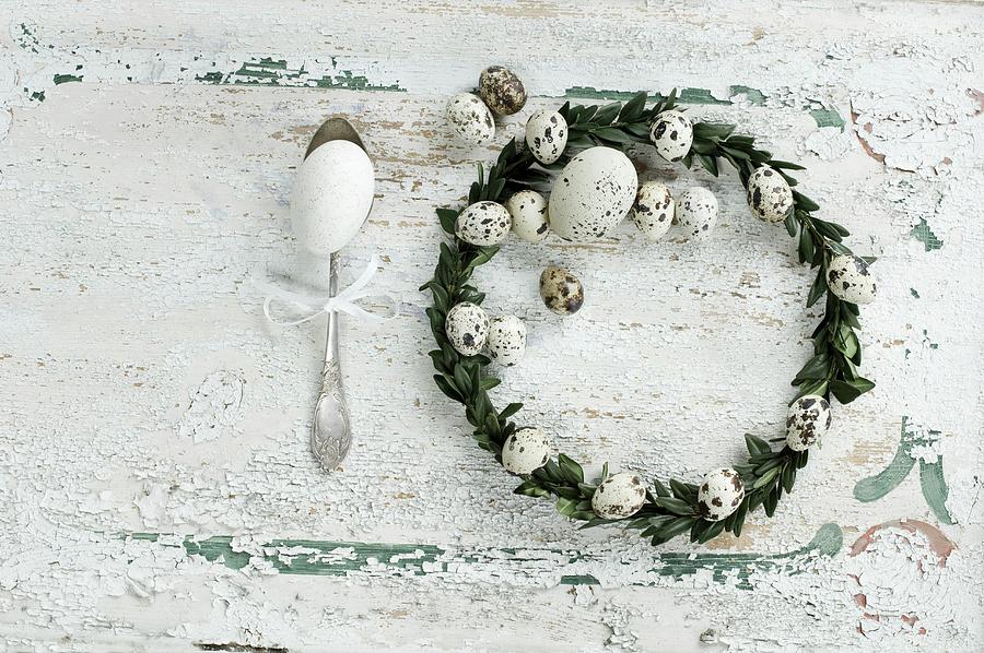 Easter Wreath Made From Box Leaves And Quail Eggs And Gooses Egg On Antique Silver Spoon On Rustic Wooden Surface Photograph by Achim Sass