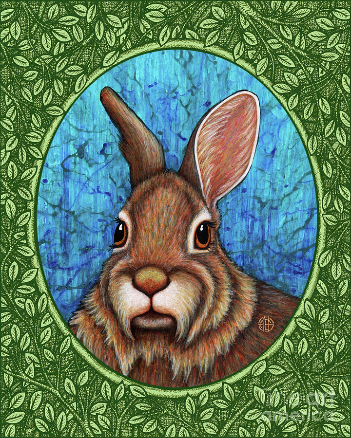 Eastern Cottontail Portrait - Green Border Painting by Amy E Fraser