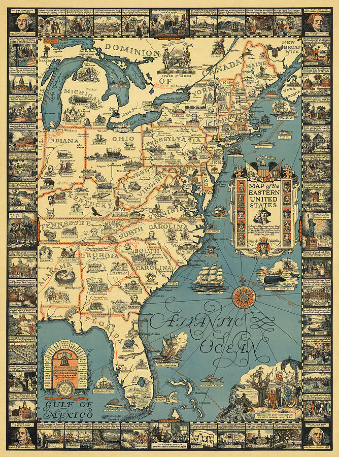 Eastern United States - Pictorial, Vintage, Old Map Digital Art By Owl 