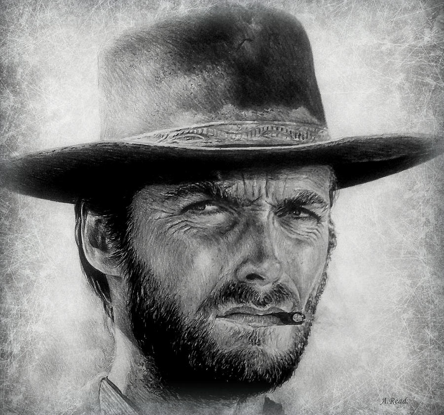 The Good The Bad And The Ugly Drawing - Eastwood portrait edit by Andrew Read