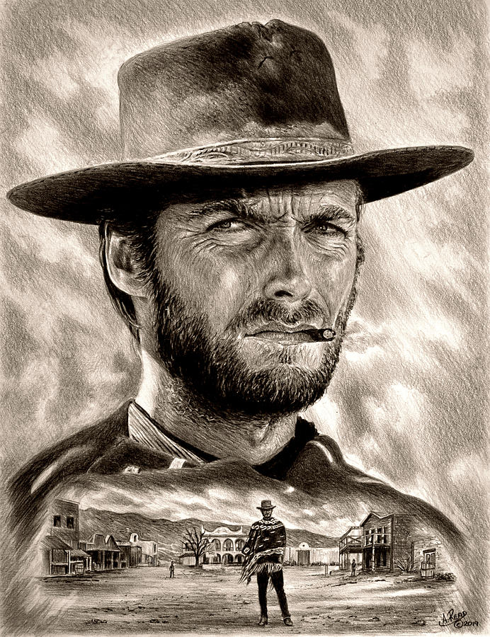 The Good The Bad And The Ugly Drawing - Eastwood sepia by Andrew Read